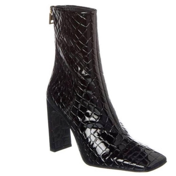 NIB Good American Black Patent Croc Leather Boots Square Toe Ankle Booties Sz 9 - Picture 2 of 13